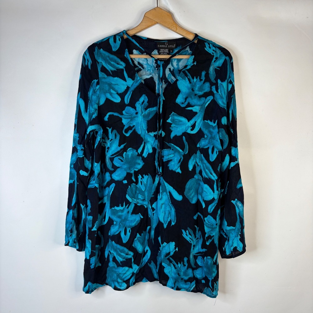 Carole Little Tunic Blouse Women 14 Black Teal Blue Floral Rayon V-Neck Tie Boho